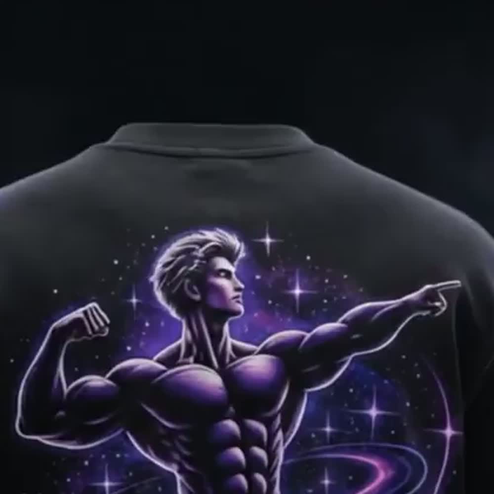 Close-up of the cosmic violet back print on the black SOULSPHERE pump cover tee