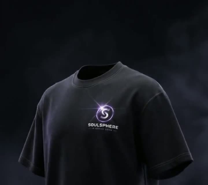 Front view of the black SOULSPHERE pump cover tee with the glowing chest ring emblem