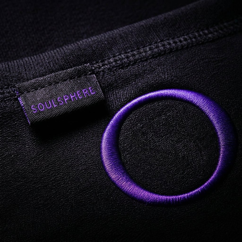 Macro detail of the embroidered violet ring emblem and woven neck label