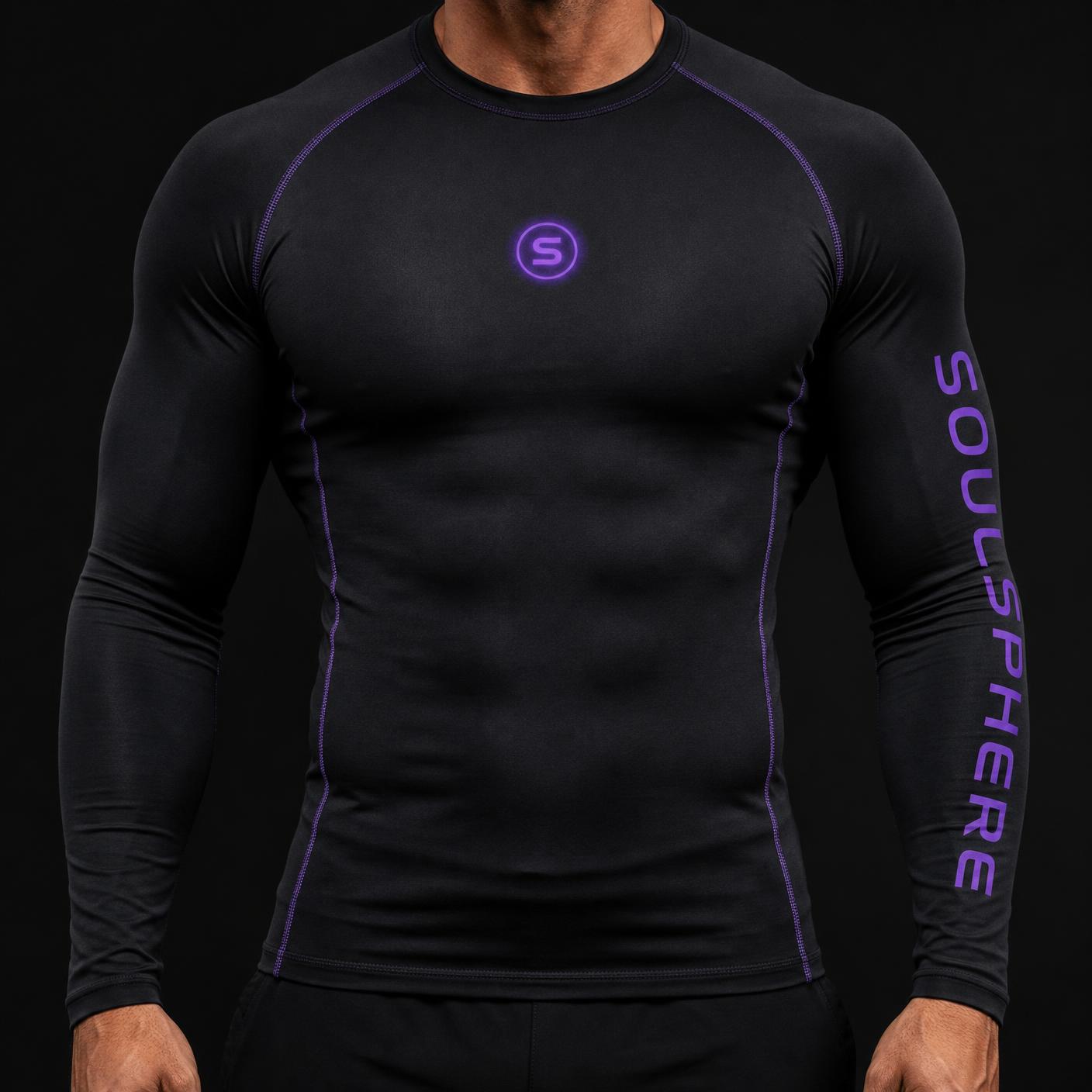 Front view of the SOULSPHERE performance long sleeve with sleeve wordmark