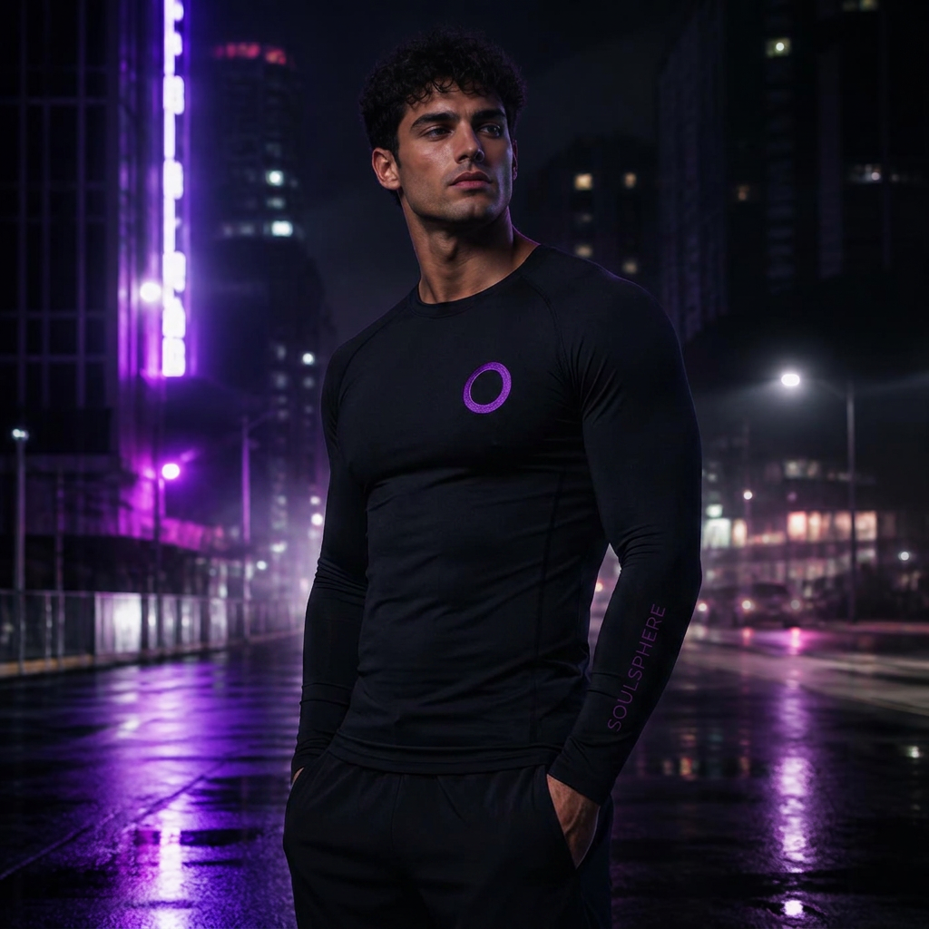 Model wearing the performance long sleeve on a neon night street