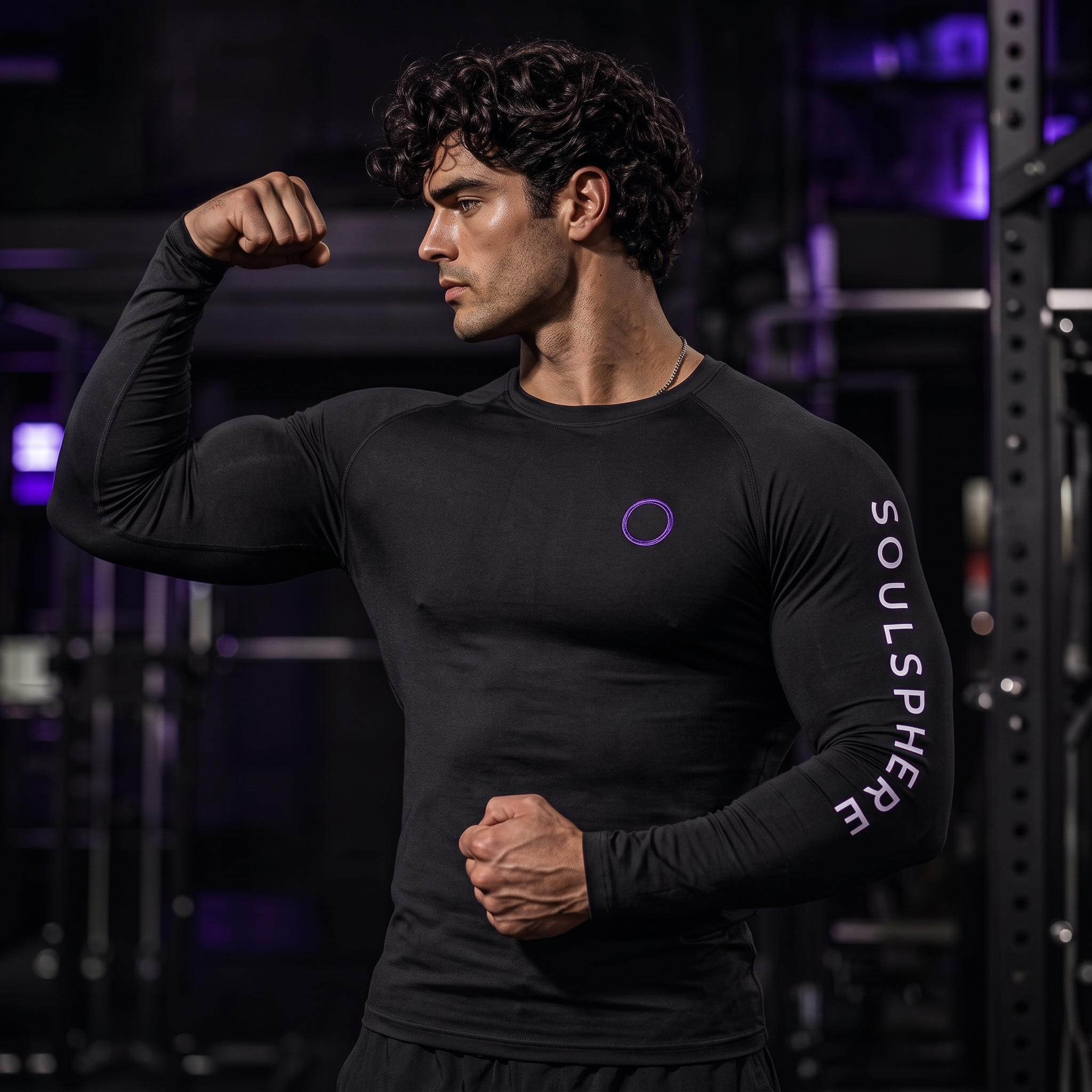 Model wearing the black SOULSPHERE performance long sleeve flexing in a dark gym