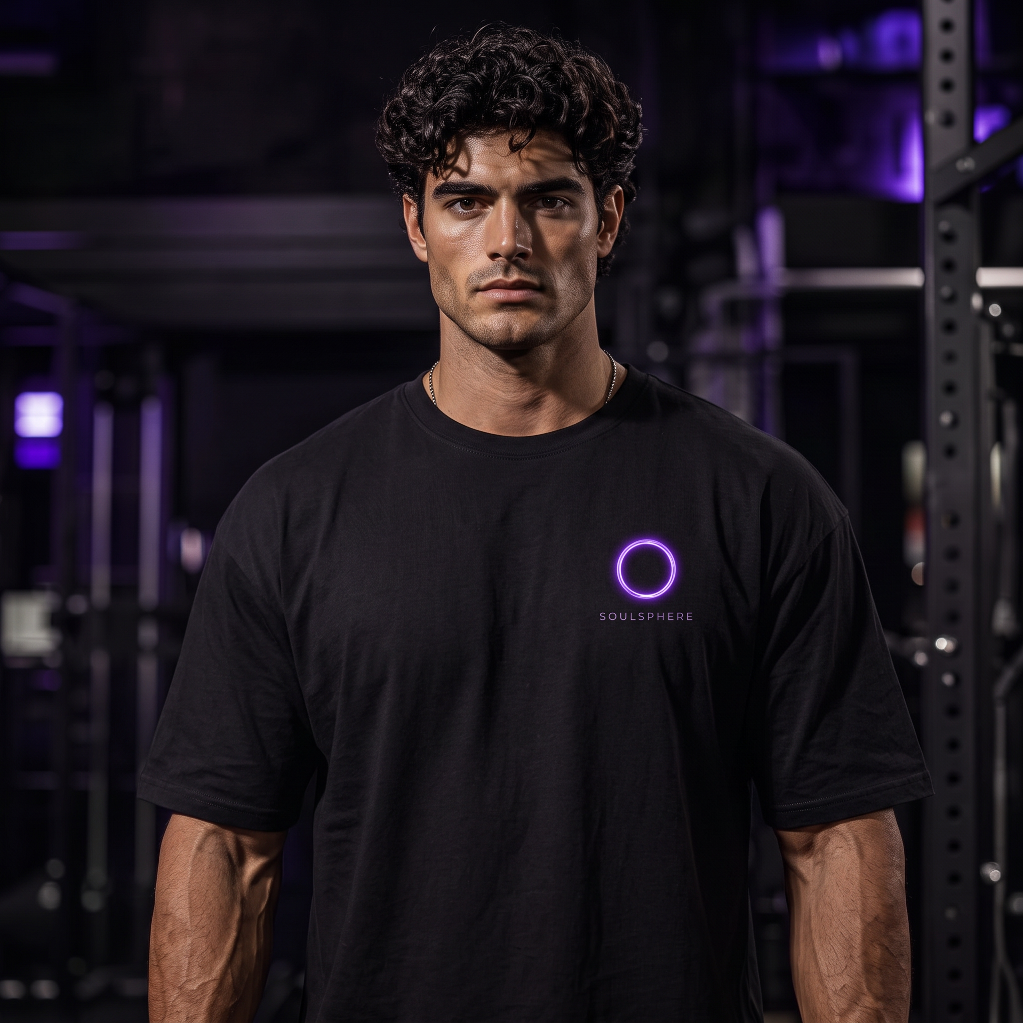 Model wearing the black SOULSPHERE pump cover tee, front view in a dark gym